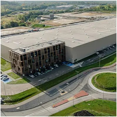 aerial view of modern warehouse and office building