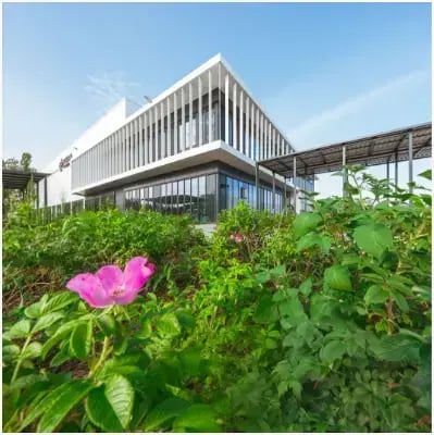 modern warehouse and office building surrounded by greenery